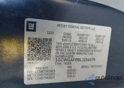 2020 Chevrolet Express Cargo Rwd 2500 Regular Wheelbase Wt z USA, uszkodzony, nr VIN 1GCWGAFP6L1154579